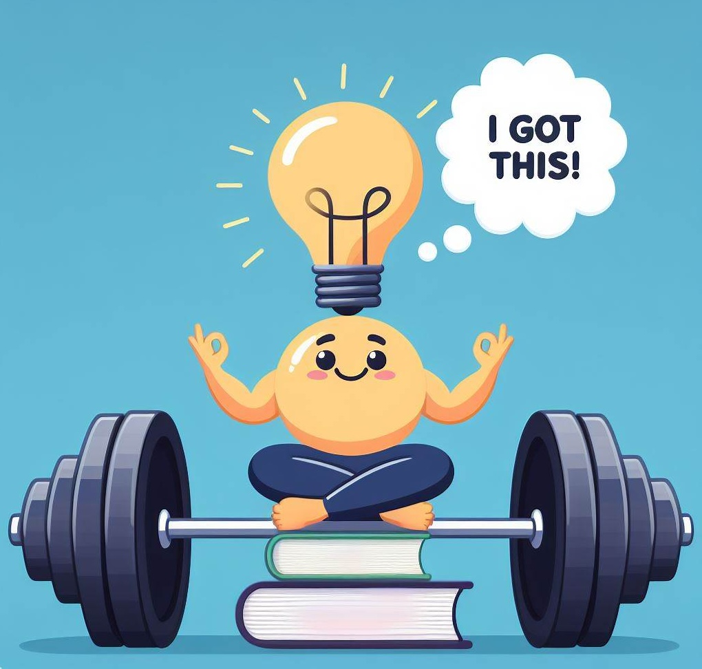A person with a light bulb for a head, smiling, sitting in a lotus meditation pose on top of a barbell weight, surrounded by books with a thought bubble that says 'I got this!' to represent building mental strength through mindfulness, exercise, learning and positive thinking.
