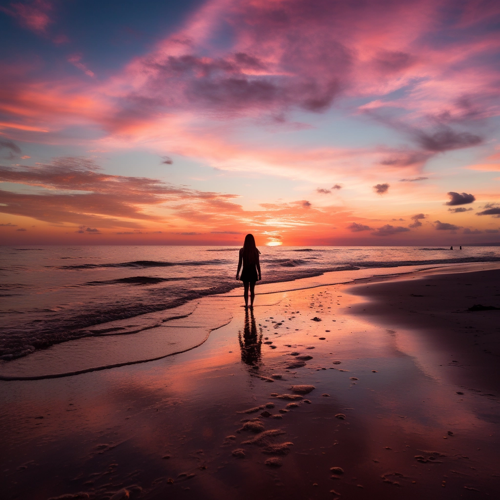 color photo of a vibrant sunset over a serene beach, with waves gently lapping against the shore and a silhouette of a person practicing mindfulness on the sand.