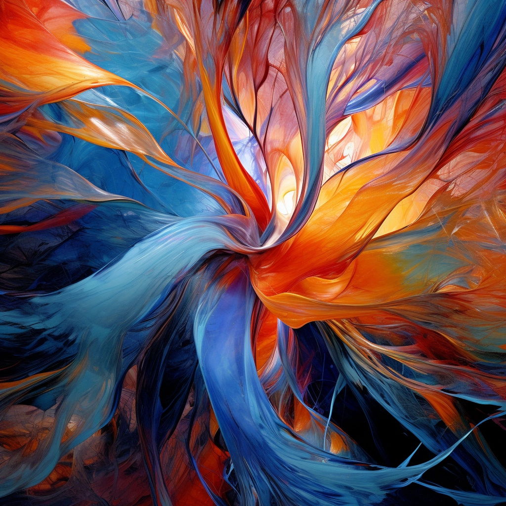 A vibrant burst of colors, like a kaleidoscope of emotions. Shades of deep blues and fiery oranges dance harmoniously, intertwining with soft pastel hues.